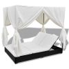 Patio Lounge Bed with Curtains Poly Rattan Black