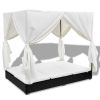 Patio Lounge Bed with Curtains Poly Rattan Black